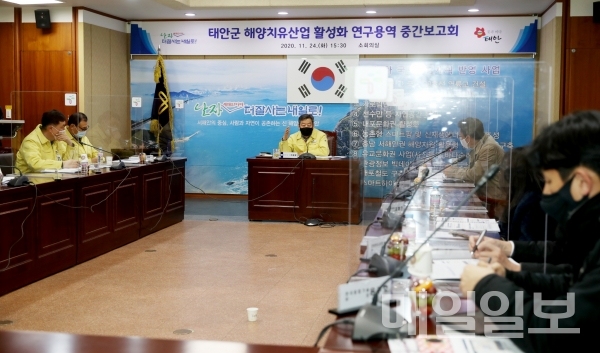 지난 24일 군청 소회의실에서 열린 ‘해양치유산업 활성화 연구용역 중간보고회’ 모습/제공=태안군