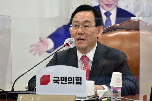 국민의힘 주호영 원내대표가 27일 서울 여의도 국회에서 열린 화상의원총회에서 발언하고 있다. 사진=연합뉴스