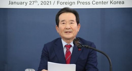 정세균 국무총리가 27일 서울 프레스센터에서 열린 국무총리 초청 외신기자 정책토론회에 참석해 발언하고 있다. 사진=연합뉴스