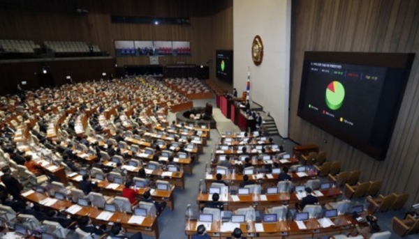 26일 오후 국회 본회의에서 '가덕도신공항 건설을 위한 특별법안(대안)'이 재석 229인 찬성 181인 반대 33인 기권 15인으로 가결되고 있다. 사진=연합뉴스
