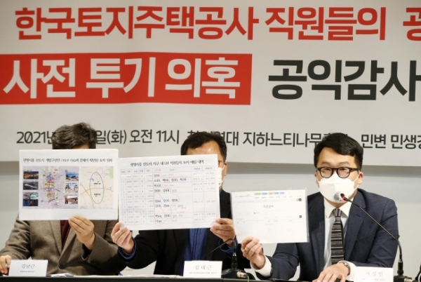 2일 오전 서울 종로구 참여연대에서 열린 '한국토지주택공사 직원들의 광명·시흥 신도시 사전투기의혹 공익감사청구' 기자회견에서 민변 민생경제위원회 소속 서성민 변호사가 땅투기 의혹을 받는 LH공사 직원의 명단과 토지 위치를 공개하고 있다. 사진=연합뉴스.