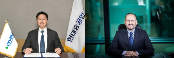 현대중공업과 아람코가 수소사업 업무협약(MOU)를 체결했다. (왼쪽부터) 정기선 현대중공업지주 경영지원실장 부사장, 아흐마드 알 사디 사우디 아람코 테크니컬 서비스 부문 수석부사장. 사진=현대중공업그룹 제공