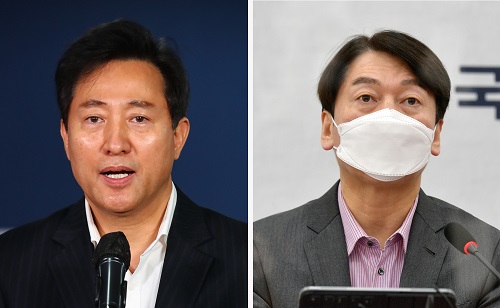 국민의힘 오세훈 서울시장 후보가 4일 서울 여의도 국민의힘 중앙당사에서 열린 4.7 보궐선거 서울·부산시장 후보 경선 결과 발표회에서 후보 수락 연설을 하고 있고(왼쪽), 국민의당 안철수 대표가 이날 국회에서 열린 최고위원회의에서 발언하고 있다. 사진=연합뉴스