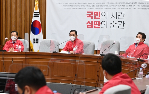 주호영 국민의힘 원내대표가 6일 오전 국회에서 열린 원내대책회의에서 발언하고 있다. 사진=연합뉴스