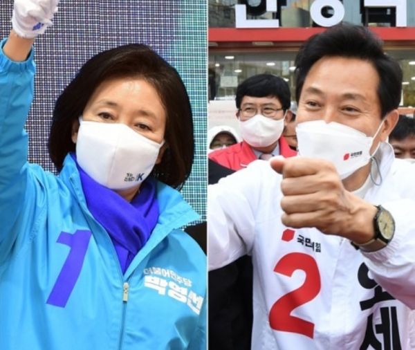 4.7 재·보궐선거를 하루 앞둔 6일 더불어민주당 박영선 서울시장 후보와 국민의힘 오세훈 서울시장 후보가 각각 종로구 세종대로 인근 동화면세점과 노원구 상계백병원 앞에서 시민들에게 인사하고 있다. 사진=연합뉴스