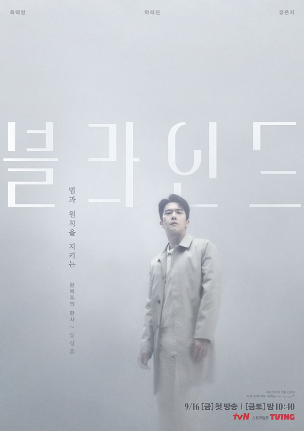 tvN 새 금토드리마 '블라인드'에서 9월 16일 첫 방송을 앞두고 캐릭터 포스터를 공개했다. 법과 원칙을 지키는 완벽주의자 판사 류성훈 역 하석진. 제공=tvN.