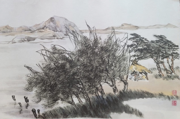 경산산단 윤진필 이사장이 “제21회 대한민국 예술인 미술대전”에서 초대작가상에 입상한 한국화 ‘초정강류(草亭江柳)’ 작품.