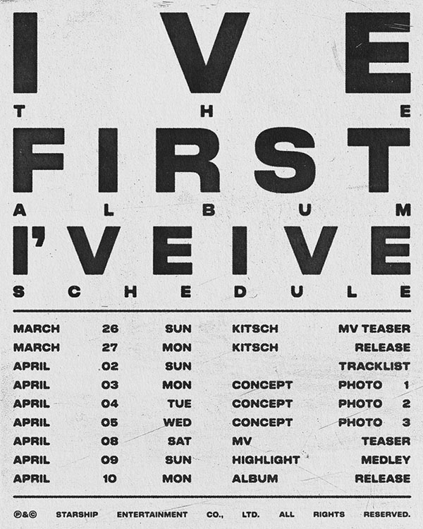 그룹 아이브가 4월 10일 발매하는 첫 정규 앨범 '아이해브 아이브'의 스케줄러 이미지를 공개했다. 사진은 '아이해브 아이브' 스케줄러. 제공=스타쉽엔터테인먼트.